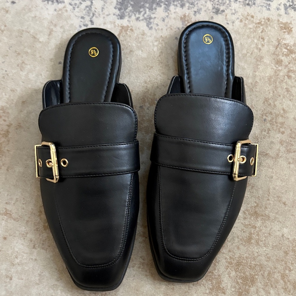 Black Slip-On Loafers with Gold Buckle New without tags